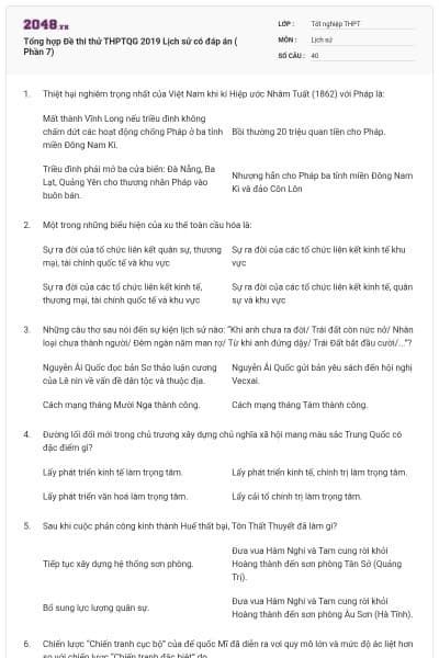 Tổng hợp Đề thi thử THPTQG 2019 Lịch sử có đáp án ( Phần 7)