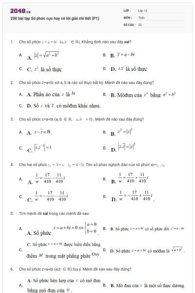200 bài tập Số phức cực hay có lời giải chi tiết (P1)