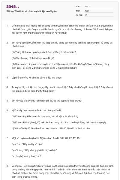 Bài tập Thu thập và phân loại dữ liệu có đáp án