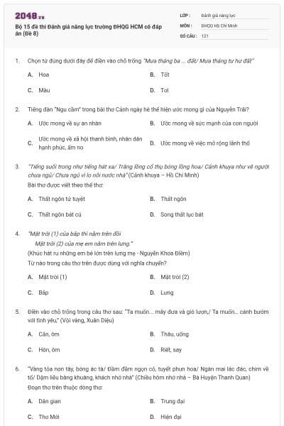 Bộ 15 đề thi Đánh giá năng lực trường ĐHQG HCM có đáp án (Đề 8)