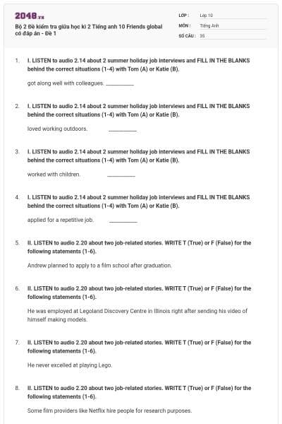 Bộ 2 Đề kiểm tra giữa học kì 2 Tiếng anh 10 Friends global có đáp án - Đề 1