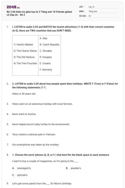 Bộ 2 Đề kiểm tra giữa học kì 2 Tiếng anh 10 Friends global có đáp án - Đề 2