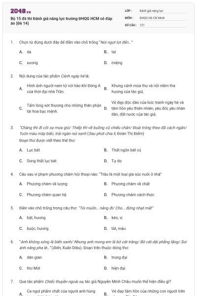 Bộ 15 đề thi Đánh giá năng lực trường ĐHQG HCM có đáp án (Đề 14)