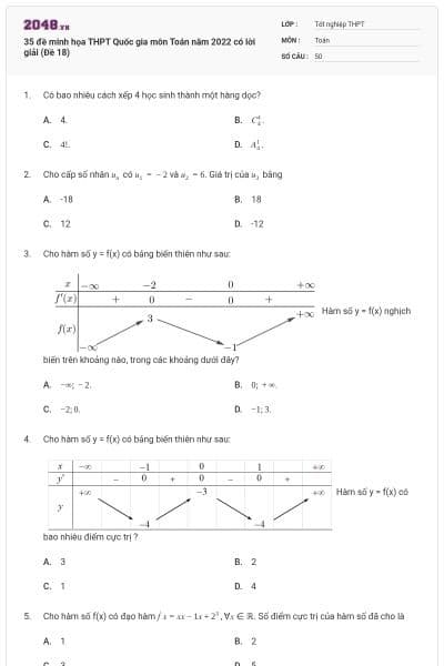 35 đề minh họa THPT Quốc gia môn Toán năm 2022 có lời giải (Đề 18)