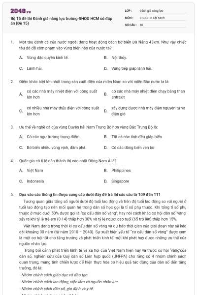 Bộ 15 đề thi Đánh giá năng lực trường ĐHQG HCM có đáp án (Đề 15)