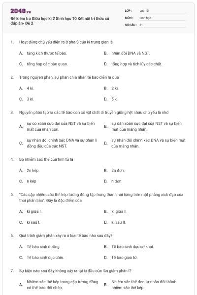 Đề kiểm tra Giữa học kì 2 Sinh học 10 Kết nối tri thức có đáp án- Đề 2