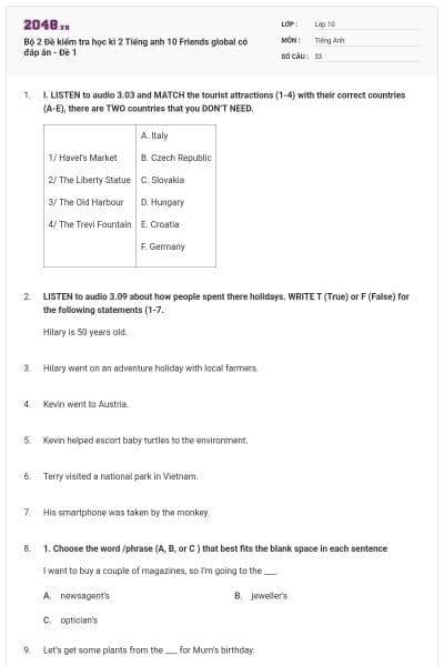 Bộ 2 Đề kiểm tra học kì 2 Tiếng anh 10 Friends global có đáp án - Đề 1