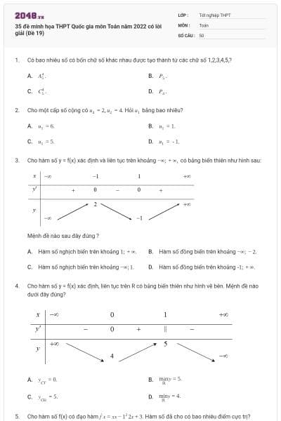 35 đề minh họa THPT Quốc gia môn Toán năm 2022 có lời giải (Đề 19)