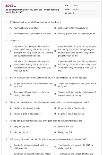 Bộ 2 Đề kiểm tra Giữa học kì 2 Sinh học 10 Chân trời sáng tạo có đáp án- Đề 2