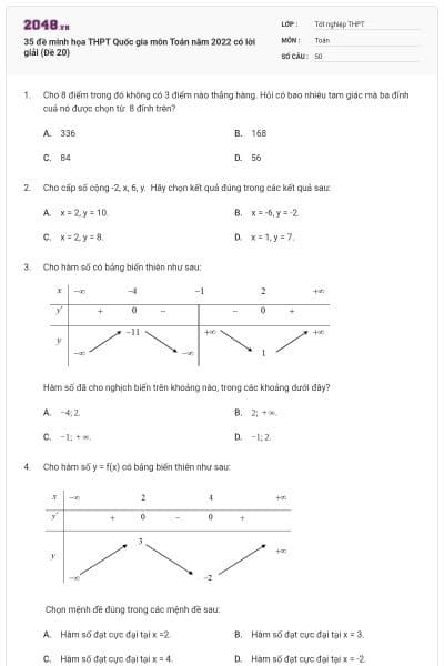 35 đề minh họa THPT Quốc gia môn Toán năm 2022 có lời giải (Đề 20)