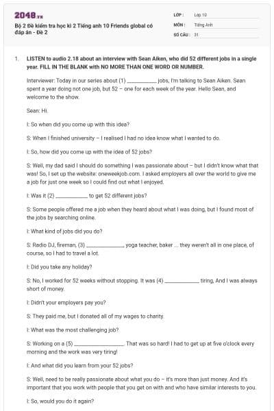 Bộ 2 Đề kiểm tra học kì 2 Tiếng anh 10 Friends global có đáp án - Đề 2