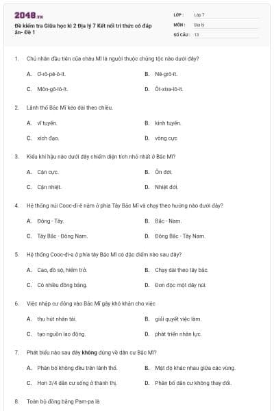 Đề kiểm tra Giữa học kì 2 Địa lý 7 Kết nối tri thức có đáp án- Đề 1