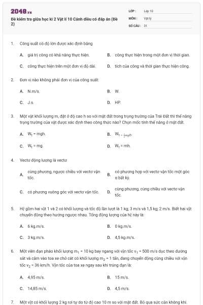 Đề kiểm tra giữa học kì 2 Vật lí 10 Cánh diều có đáp án (Đề 2)