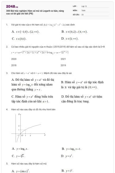 300 Bài trắc nghiệm Hàm số mũ và Logarit cơ bản, nâng cao có lời giải chi tiết (P8)