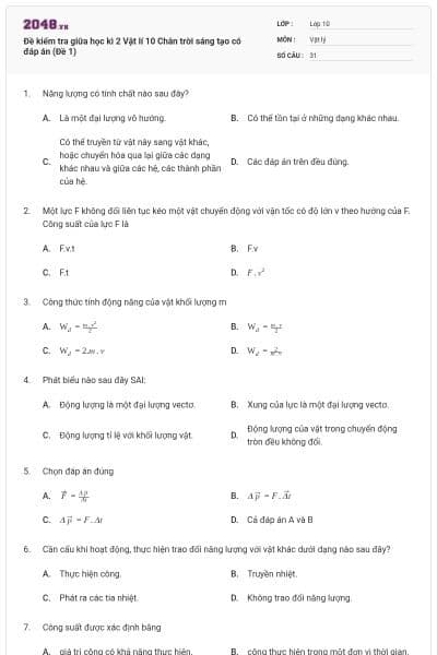 Đề kiểm tra giữa học kì 2 Vật lí 10 Chân trời sáng tạo có đáp án (Đề 1)