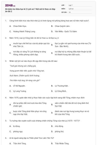 Đề kiểm tra Giữa học kì 2 Lịch sử 7 Kết nối tri thức có đáp án-Đề 2