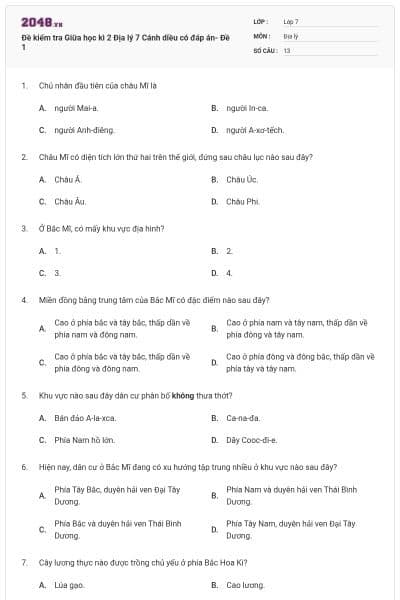 Đề kiểm tra Giữa học kì 2 Địa lý 7 Cánh diều có đáp án- Đề 1