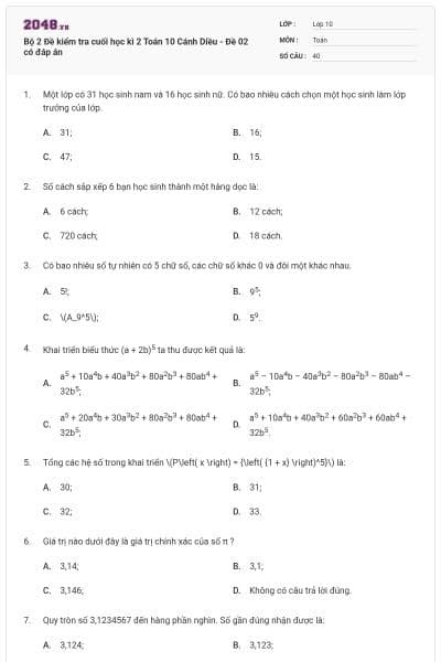 Bộ 2 Đề kiểm tra cuối học kì 2 Toán 10 Cánh Diều - Đề 02 có đáp án