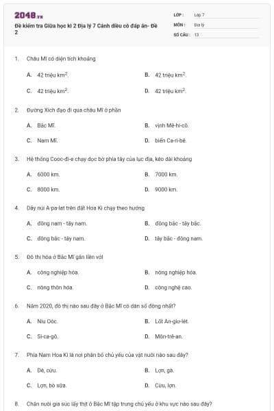 Đề kiểm tra Giữa học kì 2 Địa lý 7 Cánh diều có đáp án- Đề 2