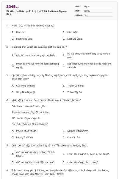 Đề kiểm tra Giữa học kì 2 Lịch sử 7 Cánh diều có đáp án- Đề 2