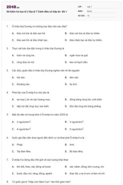 Đề kiểm tra học kì 2 Địa lý 7 Cánh diều có đáp án- Đề 1
