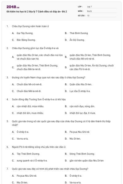 Đề kiểm tra học kì 2 Địa lý 7 Cánh diều có đáp án- Đề 2