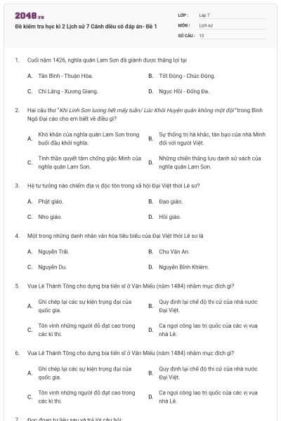 Đề kiểm tra học kì 2 Lịch sử 7 Cánh diều có đáp án- Đề 1