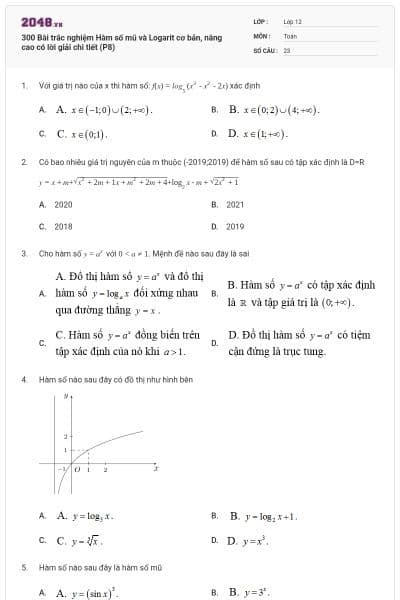 300 Bài trắc nghiệm Hàm số mũ và Logarit cơ bản, nâng cao có lời giải chi tiết (P8)