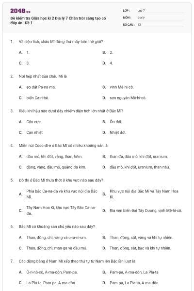 Đề kiểm tra Giữa học kì 2 Địa lý 7 Chân trời sáng tạo có đáp án- Đề 1