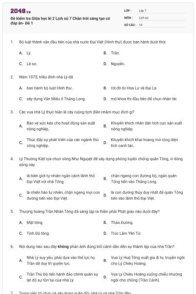 Đề kiểm tra Giữa học kì 2 Lịch sử 7 Chân trời sáng tạo có đáp án- Đề 1