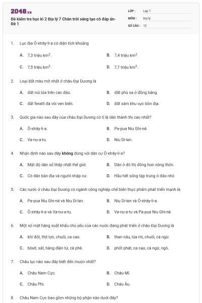 Đề kiểm tra học kì 2 Địa lý 7 Chân trời sáng tạo có đáp án- Đề 1
