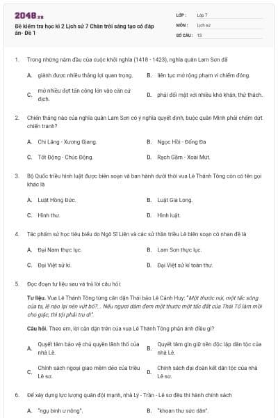 Đề kiểm tra học kì 2 Lịch sử 7 Chân trời sáng tạo có đáp án- Đề 1