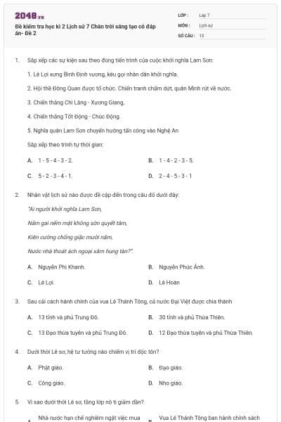 Đề kiểm tra học kì 2 Lịch sử 7 Chân trời sáng tạo có đáp án- Đề 2