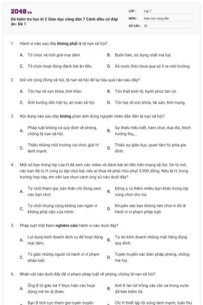 Đề kiểm tra học kì 2 Giáo dục công dân 7 Cánh diều có đáp án- Đề 1