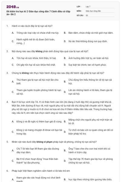 Đề kiểm tra học kì 2 Giáo dục công dân 7 Cánh diều có đáp án- Đề 2