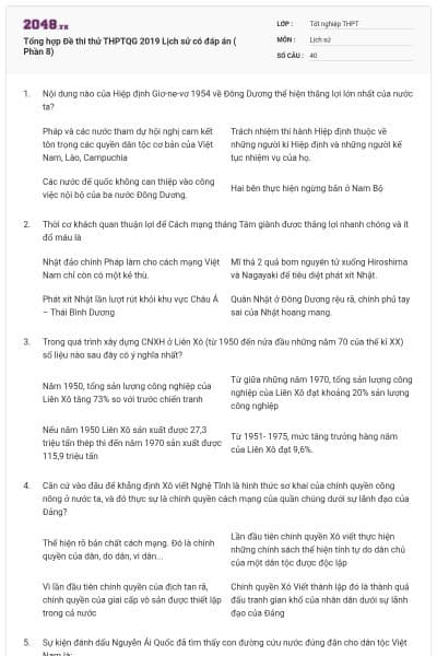 Tổng hợp Đề thi thử THPTQG 2019 Lịch sử có đáp án ( Phần 8)