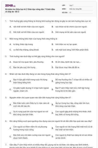 Đề kiểm tra Giữa học kì 2 Giáo dục công dân 7 Cánh diều có đáp án- Đề 2