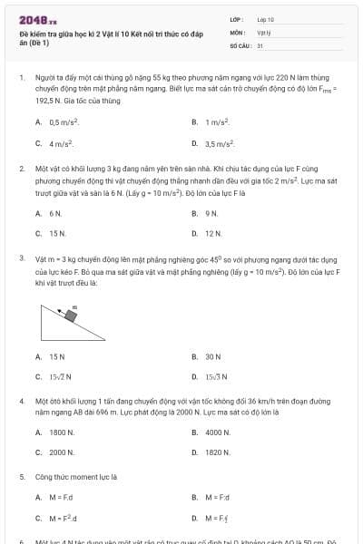 Đề kiểm tra giữa học kì 2 Vật lí 10 Kết nối tri thức có đáp án (Đề 1)