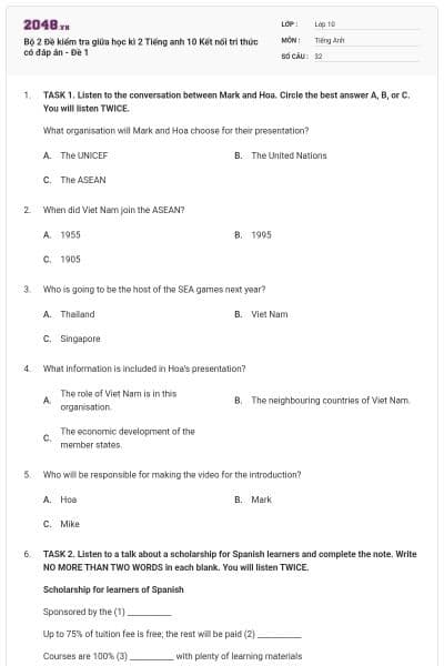 Bộ 2 Đề kiểm tra giữa học kì 2 Tiếng anh 10 Kết nối tri thức có đáp án - Đề 1