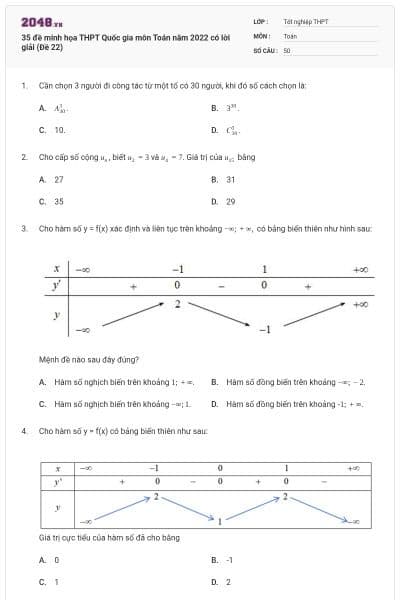 35 đề minh họa THPT Quốc gia môn Toán năm 2022 có lời giải (Đề 22)