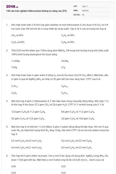 100 câu trắc nghiệm Hidrocacbon không no nâng cao (P2)