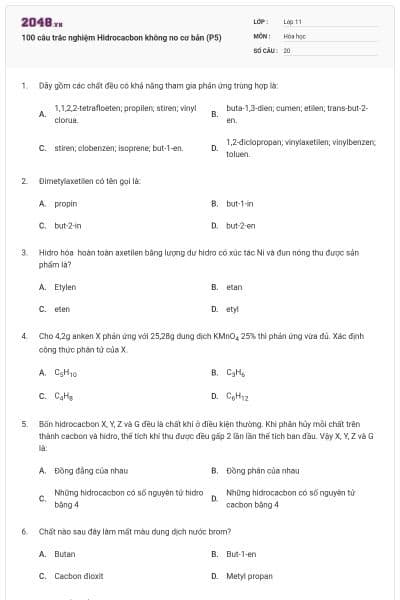 100 câu trắc nghiệm Hidrocacbon không no cơ bản (P5)