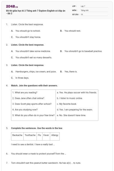 Đề thi giữa học kì 2 Tiếng anh 7 Explore English có đáp án - Đề 2