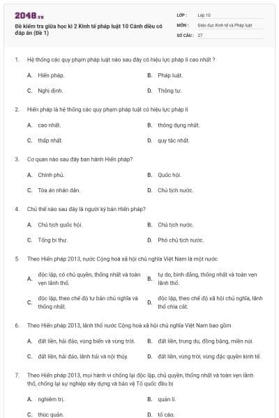 Đề kiểm tra giữa học kì 2 Kinh tế pháp luật 10 Cánh diều có đáp án (Đề 1)