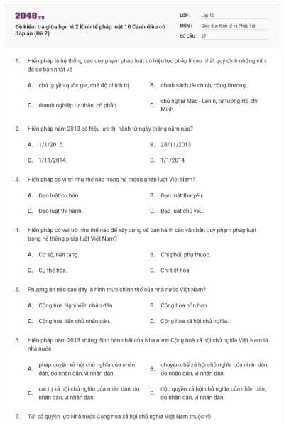 Đề kiểm tra giữa học kì 2 Kinh tế pháp luật 10 Cánh diều có đáp án (Đề 2)