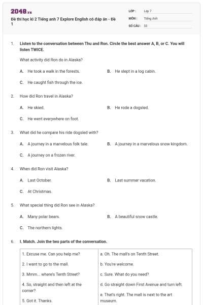 Đề thi học kì 2 Tiếng anh 7 Explore English có đáp án - Đề 1