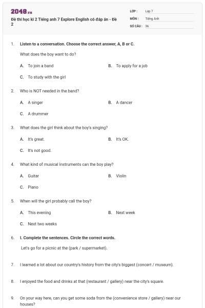 Đề thi học kì 2 Tiếng anh 7 Explore English có đáp án - Đề 2