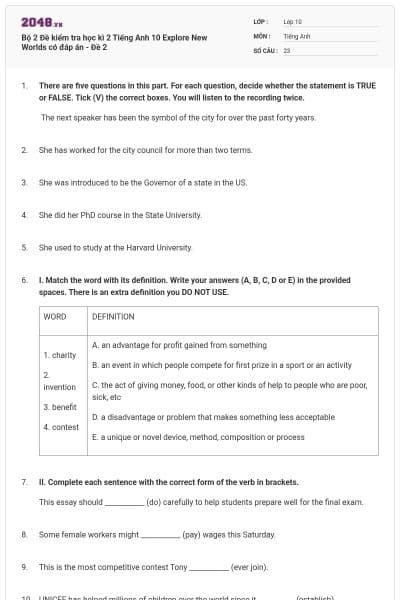 Bộ 2 Đề kiểm tra học kì 2 Tiếng Anh 10 Explore New Worlds có đáp án - Đề 2