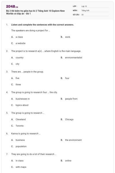 Bộ 2 Đề kiểm tra giữa học kì 2 Tiếng Anh 10 Explore New Worlds có đáp án - Đề 1