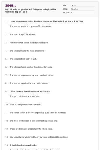 Bộ 2 Đề kiểm tra giữa học kì 2 Tiếng Anh 10 Explore New Worlds có đáp án - Đề 2